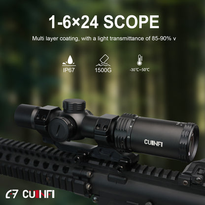CUINFI 1-6×24 Rifle Scope – Illuminated Reticle with 6 Brightness Levels, Multi-Coated Lens, IP67 Waterproof, 1500G Shockproof, Fast-Focus Eyepiece, Compact Tactical Optic for Hunting and AR Rifles