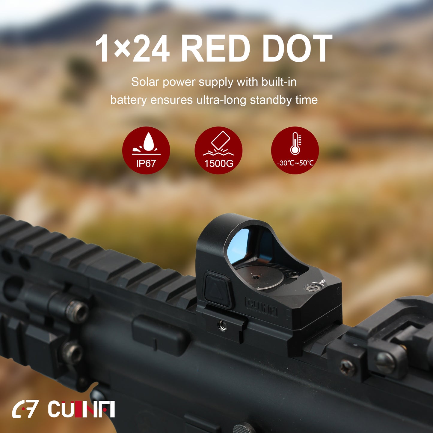 CUINFI 1×24 Red Dot Sight – Solar & Battery Powered Reflex Optic, Multi-Reticle (2 MOA Dot + 48 MOA Circle), IP67 Waterproof, 1500G Shockproof, Lightweight 60g Tactical Sight