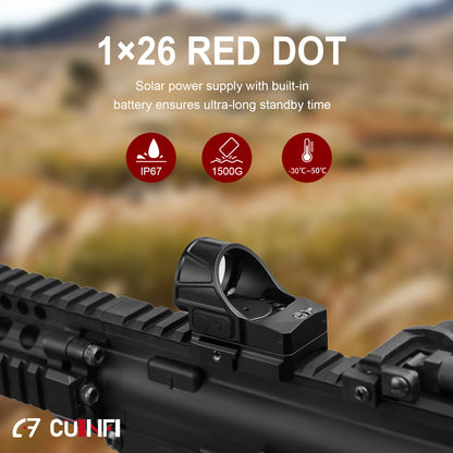 CUINFI 1x26 Red Dot Sight – Solar Powered Reflex Optic with Built-in Battery, IP67 Waterproof, Shockproof 1500G, Wide Field of View for Rifle & Airsoft