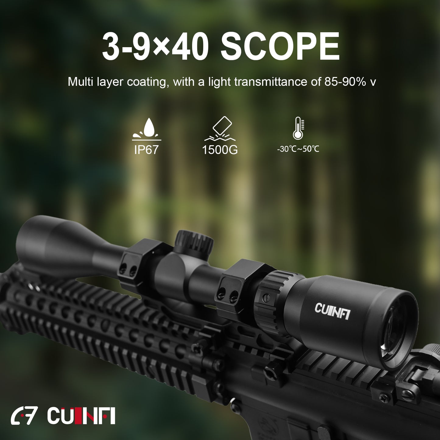 CUINFI 3-9×40 Rifle Scope – Multi-Coated Optics, IP67 Waterproof, 1500G Shockproof, High-Transparency Glass, Lightweight 417g Hunting Scope for Precision Shooting