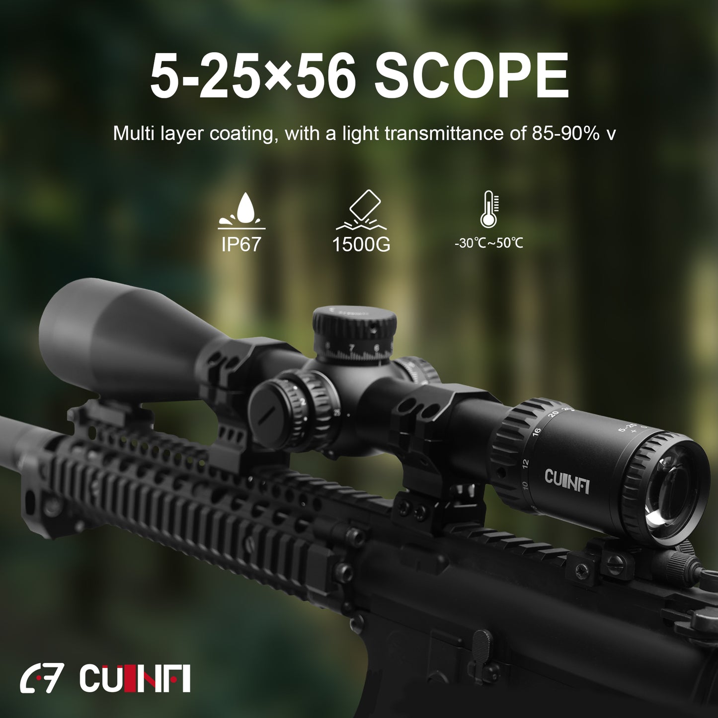 CUINFI 5-25×56 Rifle Scope – Illuminated Long Range Optic with 6-Level Red Brightness, Side Parallax Adjustment 25 yds–∞, Multi-Coated Lens, IP67 Waterproof, 1500G Shockproof, Fast-Focus Eyepiece