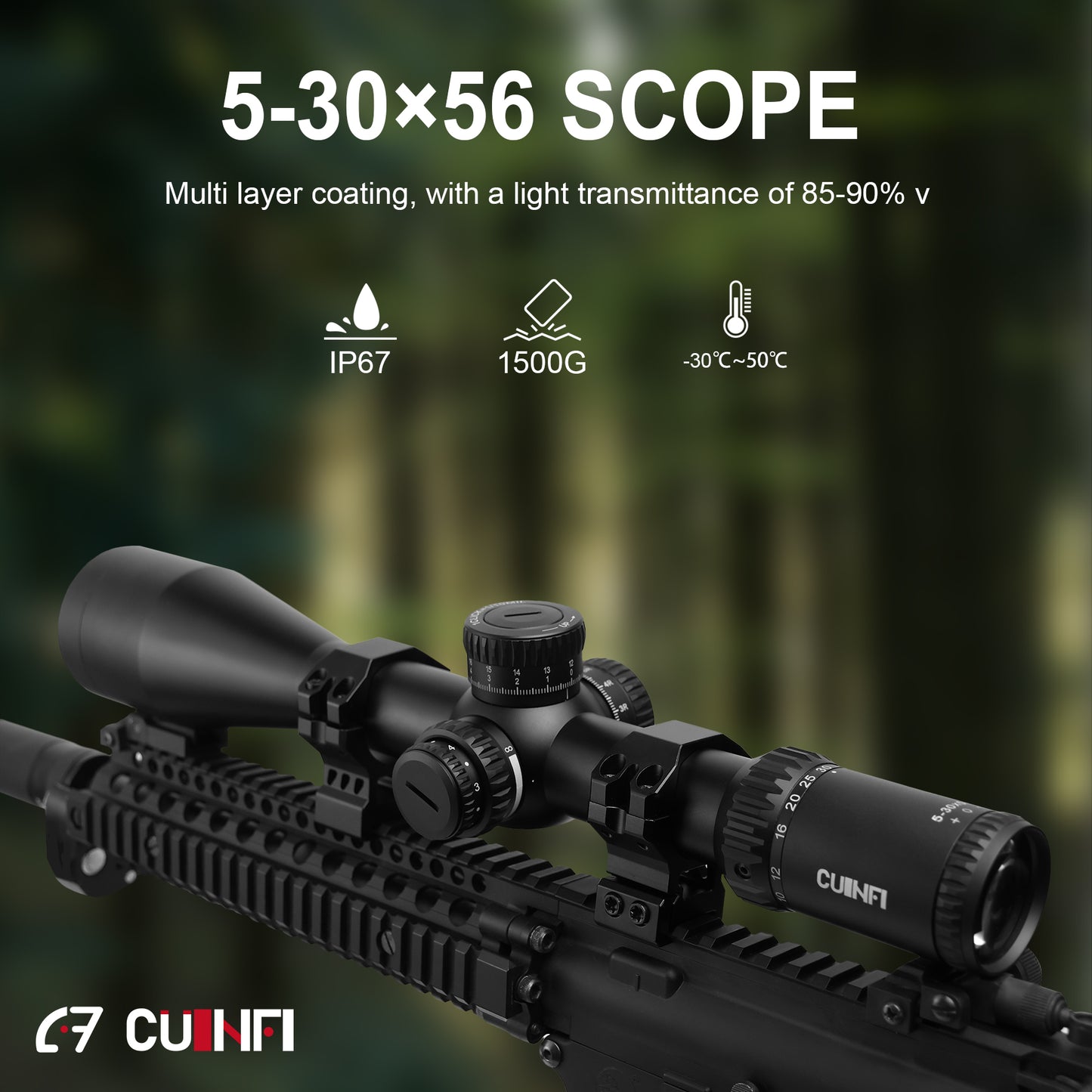 CUINFI 5-30×56 Rifle Scope – Long Range Illuminated Optic with 6-Level Red Brightness, Side Parallax Adjustment (30yds–∞), IP67 Waterproof, Multi-Coated Lens, 1500G Shockproof, Fast-Focus Eyepiece